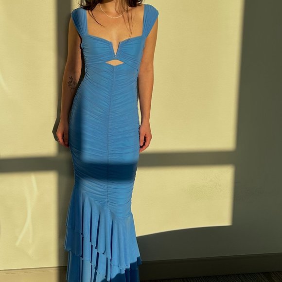 michael costello blue dress Flin Pleated One Shoulder Midi Dress